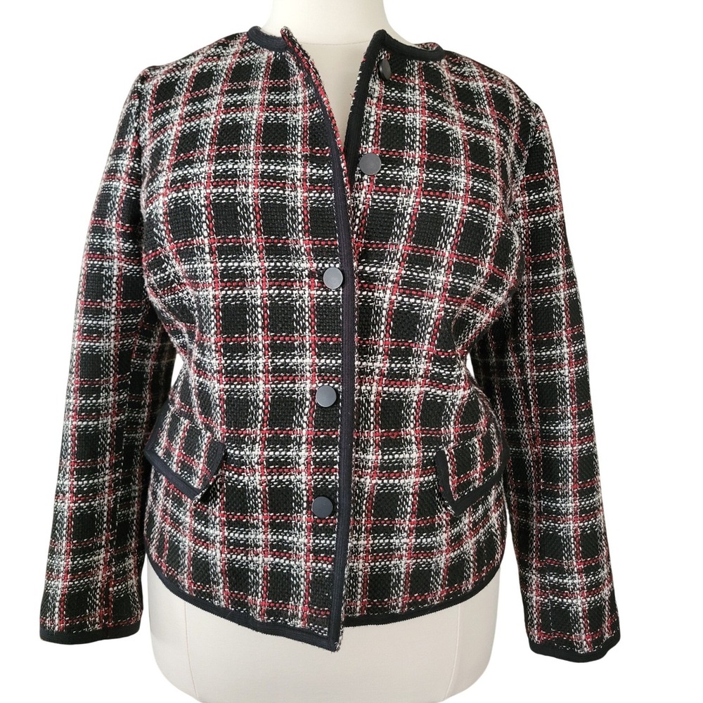 Liz Claiborne Plaid Blazer Career Woman 20W Black Red Excellent Tweed Jacket